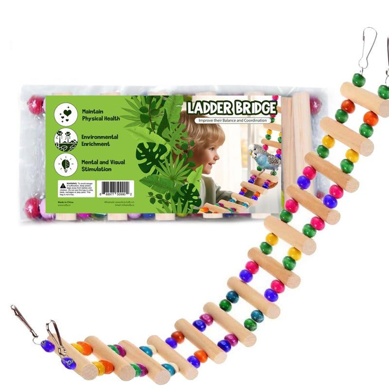 SunGrow Wooden Bird Ladder Bridge, Hanging Exercise Toy, Bird Playground Cage Accessory, Natural Wood, Edible Dye, Interactive Small Bird Toy, Parakeet, Cockatiel, Conure, Budgie Climbing Ladder - Image 1